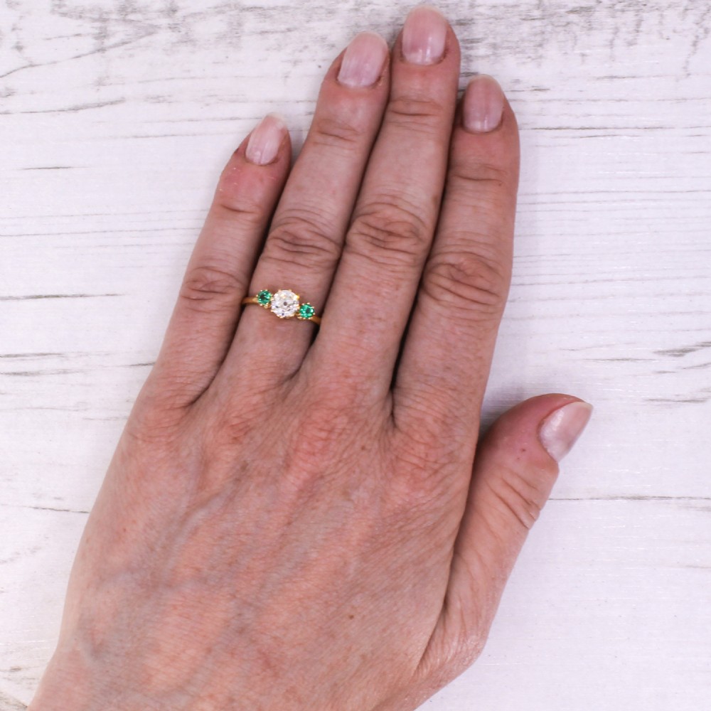 Art Deco 0.65 Carat Old Cut Diamond & 0.20 Carat Emerald Trilogy Ring, circa 1920 View IX