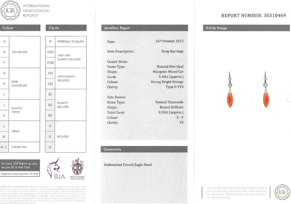 Mid Century 5.40 Carat Fire Opal & Diamond Drop Earrings, circa 1965 View VI