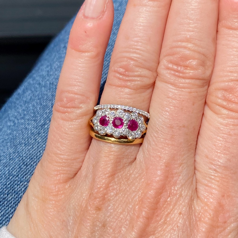 Mid Century 0.72 Carat Ruby & 0.52 Carat Diamond Triple Cluster Ring View IX