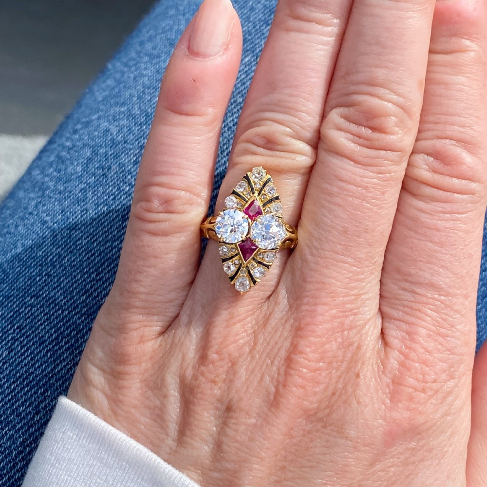Edwardian 2.03 Carat Old Cut Diamond & Ruby Navette Cluster Ring, circa 1910 View VIII