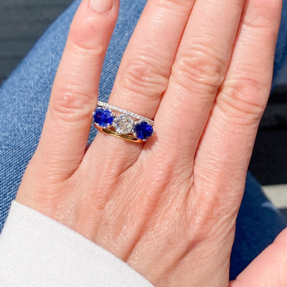 Art Deco 0.64 Carat Diamond & 2.79 Carat Sapphire Three Stone Ring, circa 1935 View X