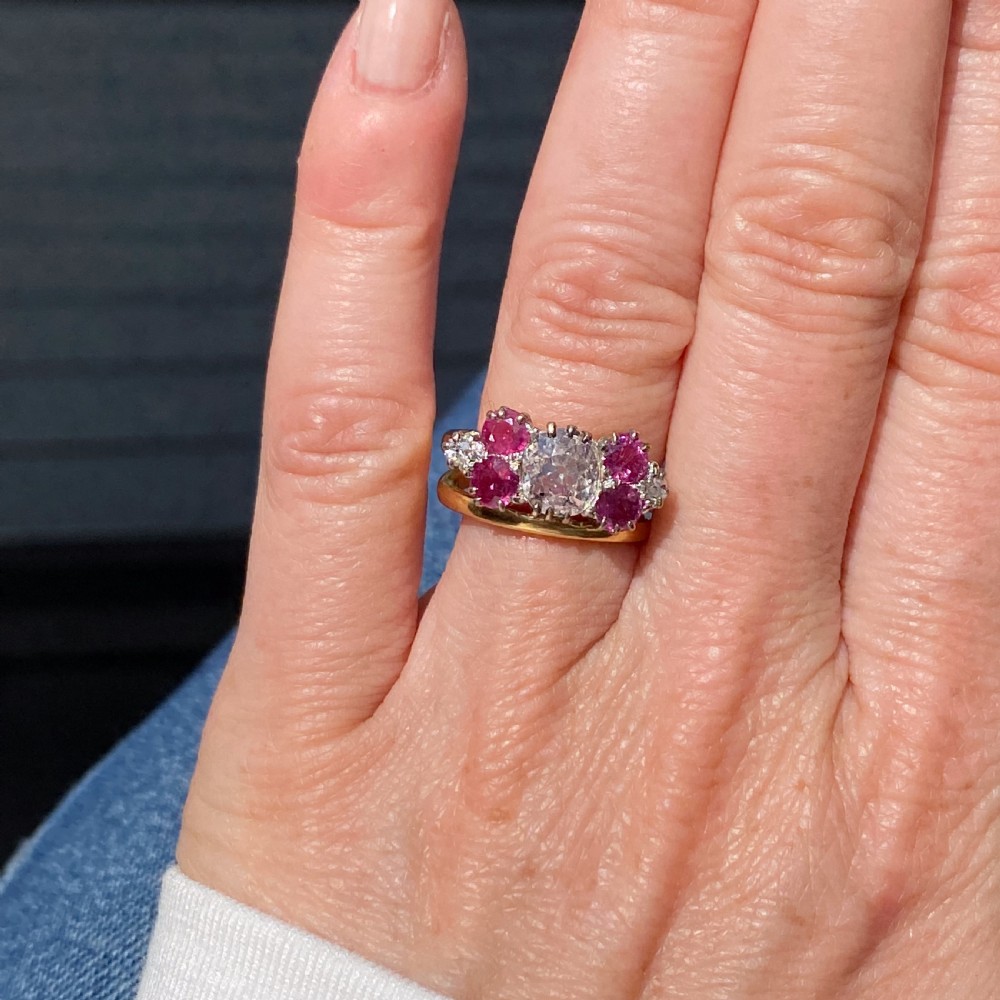 Edwardian 1.25 Carat Old Cut Diamond & Ruby Cluster Ring, circa 1905 View IX