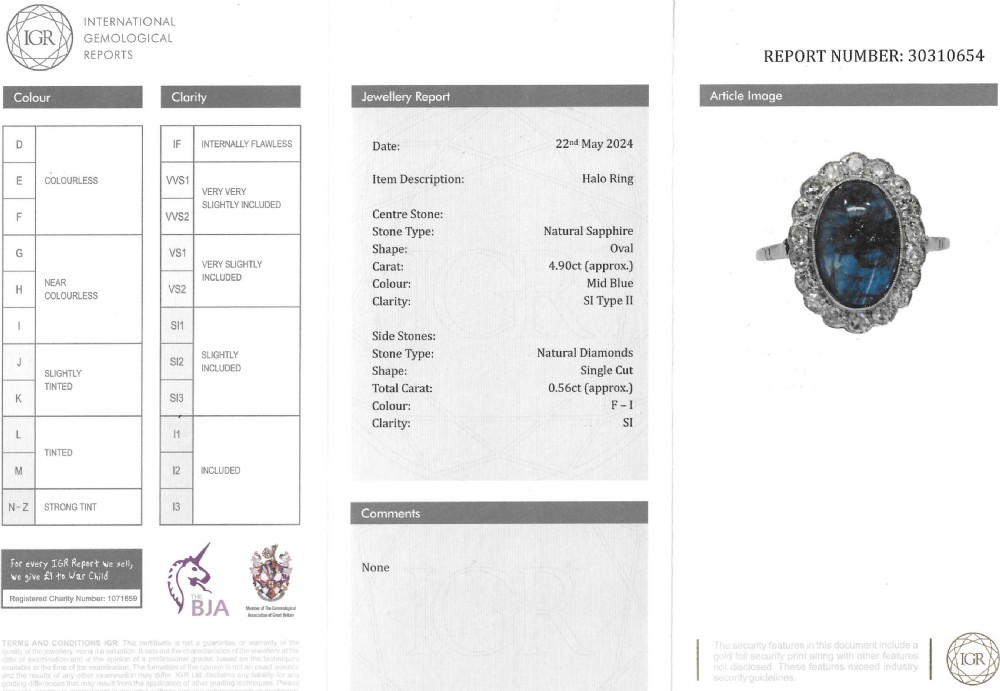 An Art Deco ring featuring an oval cabochon blue sapphire surrounded by a halo of diamonds set in a platinum band. View X