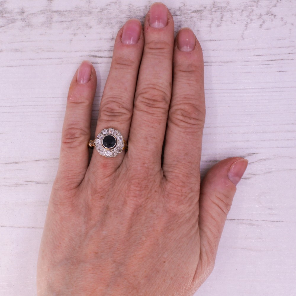 Edwardian 1.00 Carat Sapphire & 1.20 Carat Old Cut Diamond Cluster Ring, circa 1910 View VII