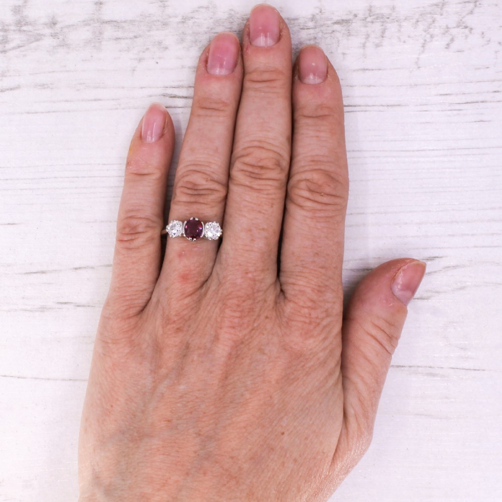 Art Deco 0.70 Carat Natural Ruby & 1.00 Carat Diamond Trilogy Ring, circa 1920 View VI