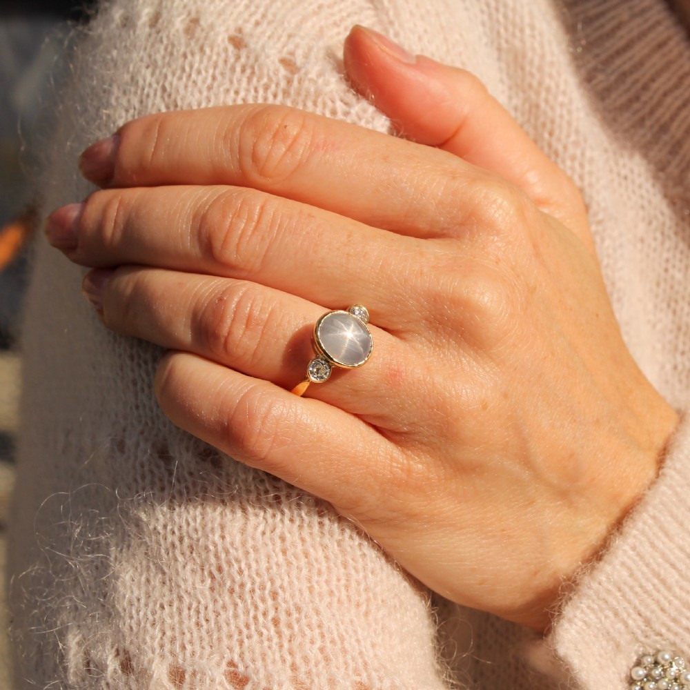 Art Deco 6.35 Carat Ceylon Star Sapphire & Old Cut Diamond Ring, circa 1920 View II