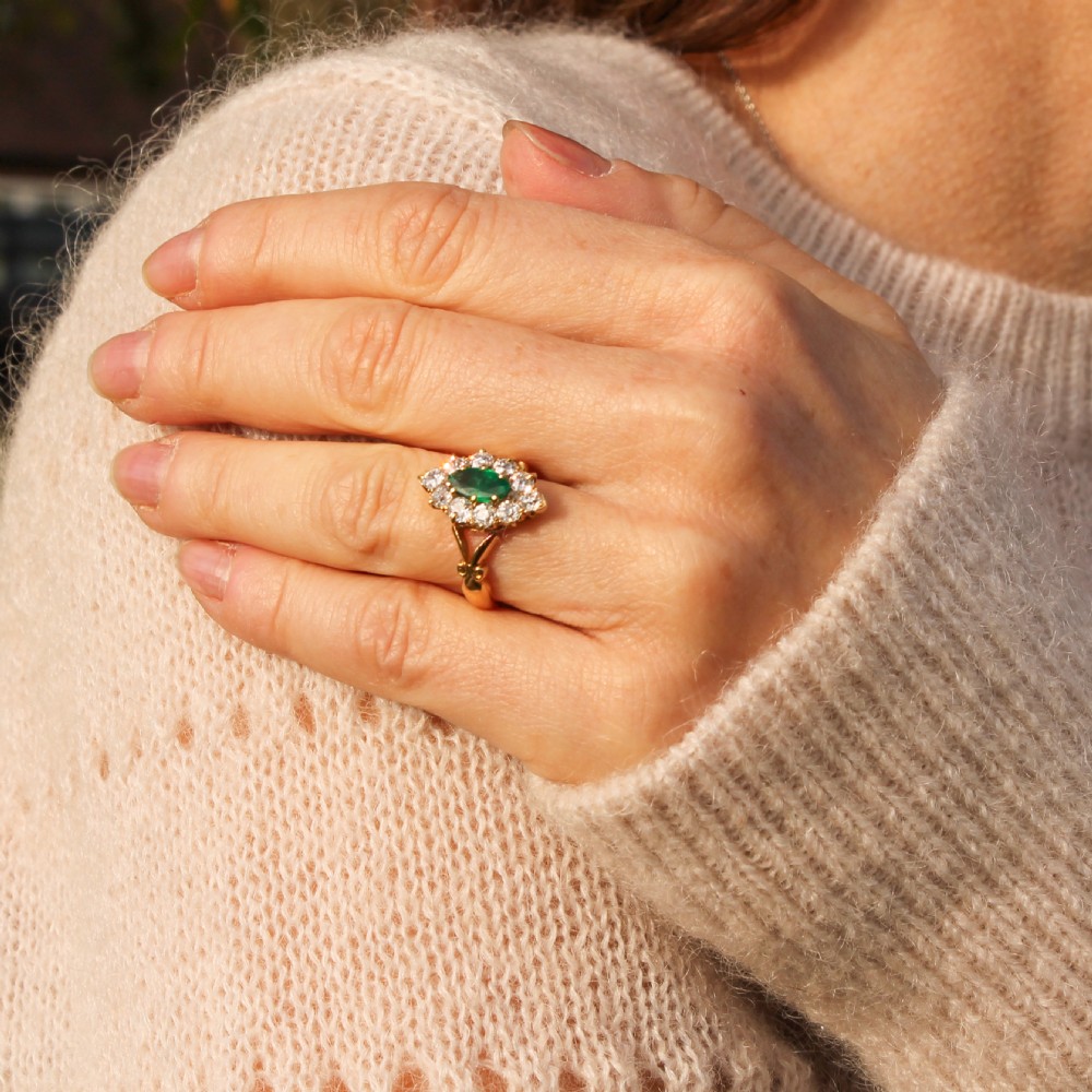 Edwardian 0.56 Carat Emerald & 0.80 Carat Diamond Navette Ring, circa 1910 View VI