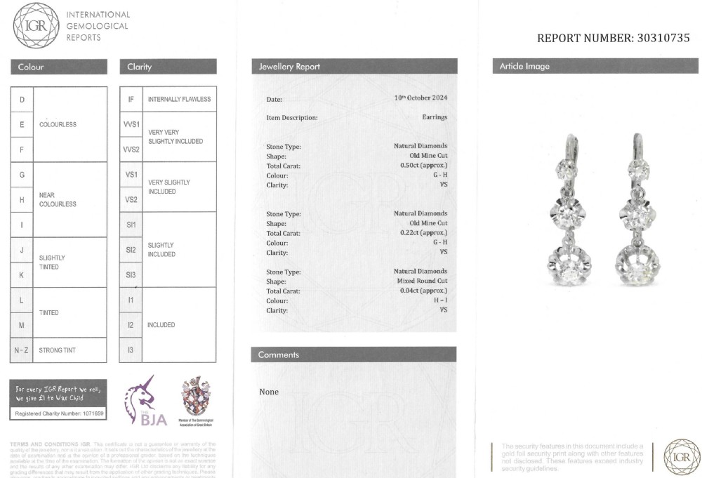 A pair of mid-century white metal lever-back drop earrings, each featuring three articulated graduated old cut diamonds set in openwork mountings. View VII