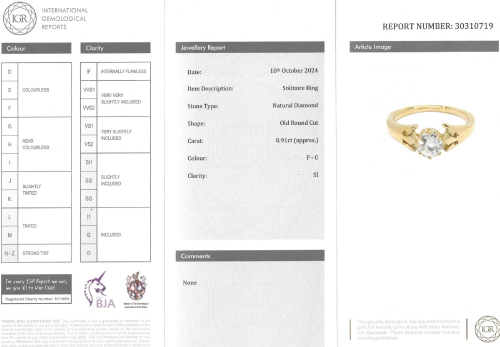 A mid-century yellow gold solitaire ring featuring a single round old-cut diamond held in a claw setting with sculpted shoulders. View VIII