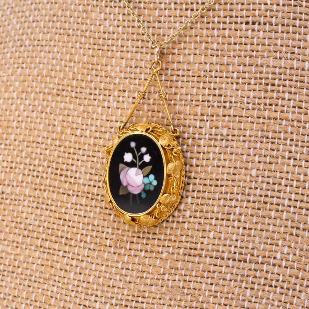 Victorian Pietra Dura Floral Mosaic Pendant Necklace, circa 1880