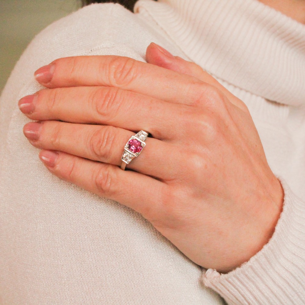 Mid Century 0.96 Carat Pink Sapphire & Diamond Three Stone Ring, circa 1960 View VI