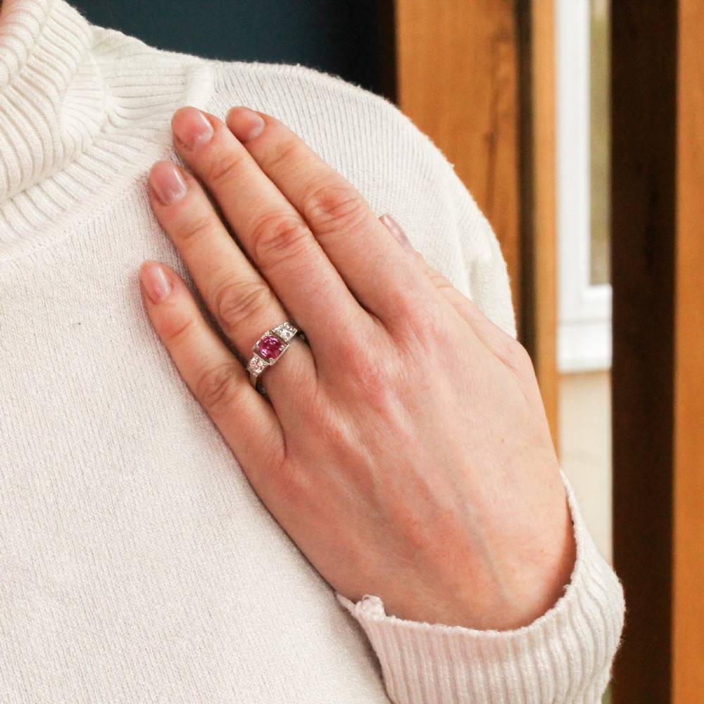 Mid Century 0.96 Carat Pink Sapphire & Diamond Three Stone Ring, circa 1960 View VII