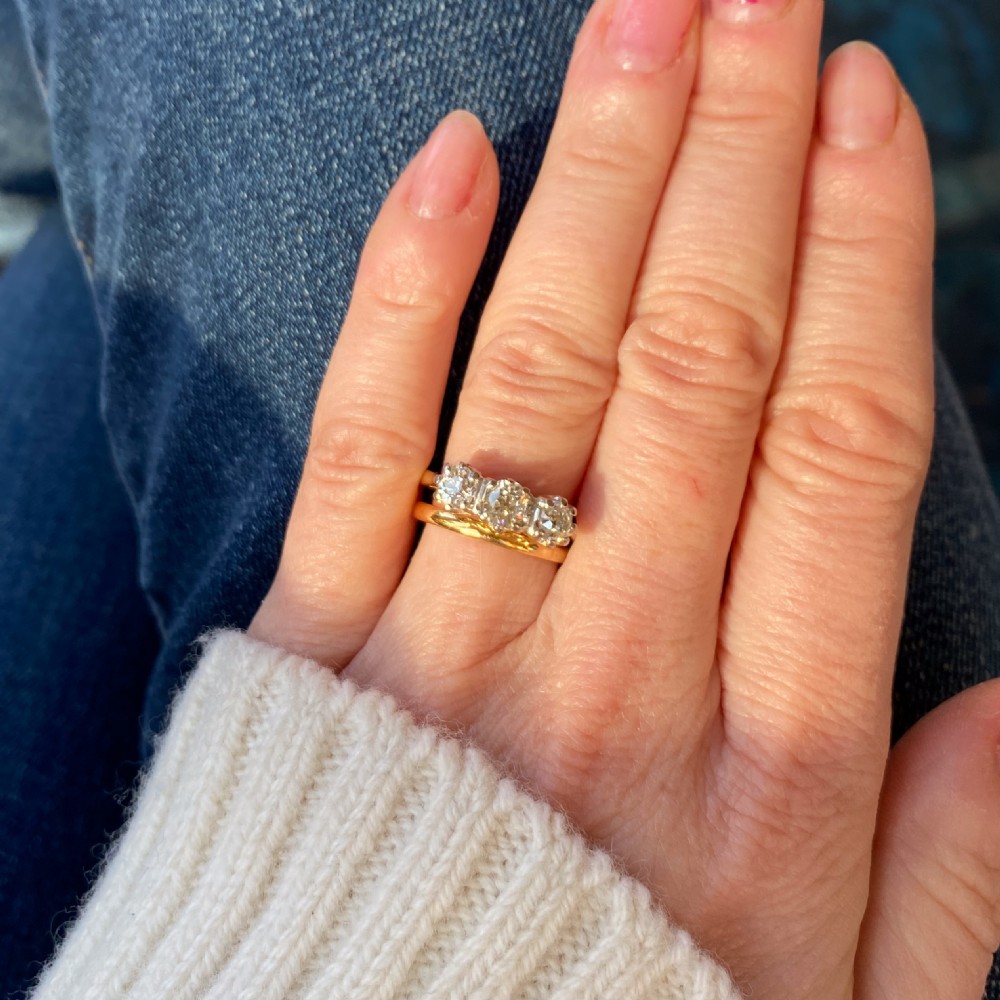 1.17 Carat Old Mine Cut Diamond Three Stone Ring, 18k Gold View VII