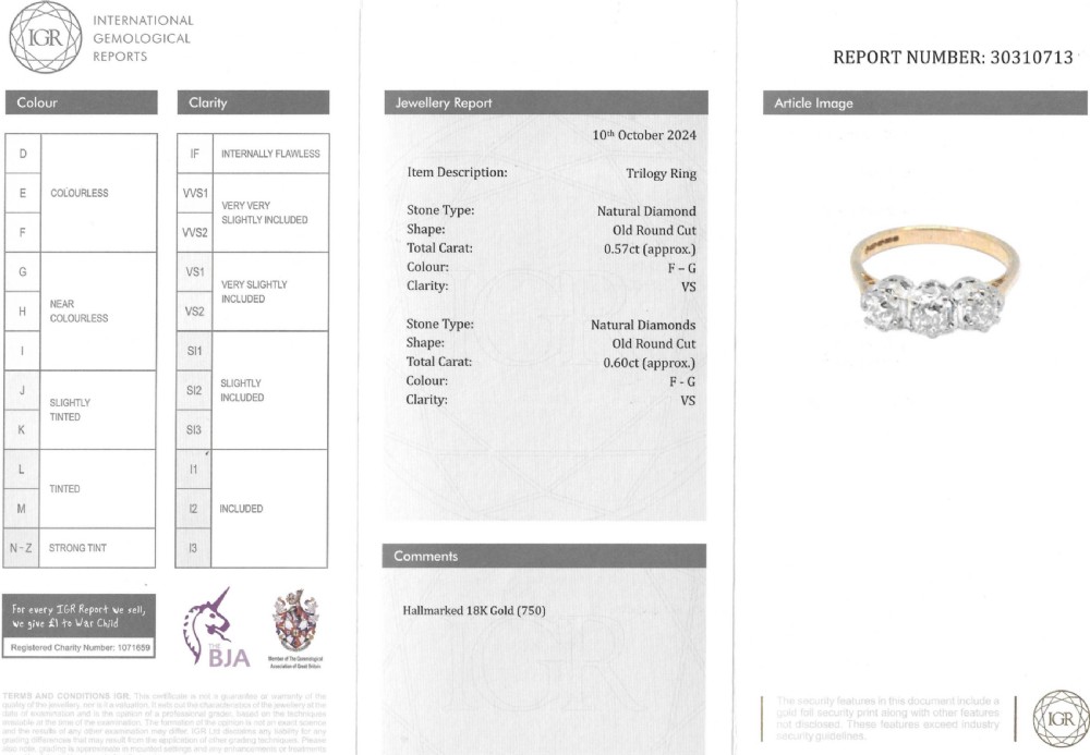 1.17 Carat Old Mine Cut Diamond Three Stone Ring, 18k Gold View VIII