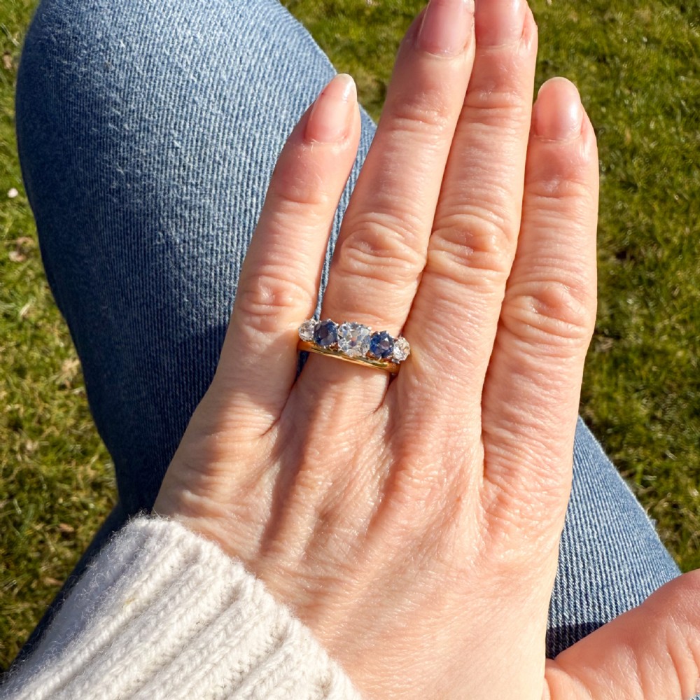 Art Deco 0.95 Carat Diamond & 0.82 Carat Sapphire Five Stone Ring, circa 1920 View VI