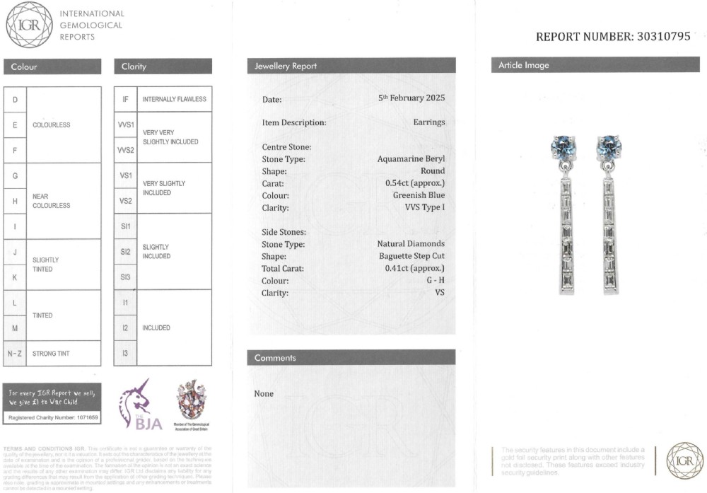 A pair of mid-century platinum drop earrings featuring round light-blue aquamarines above vertical bars set with baguette-cut diamonds. View VII
