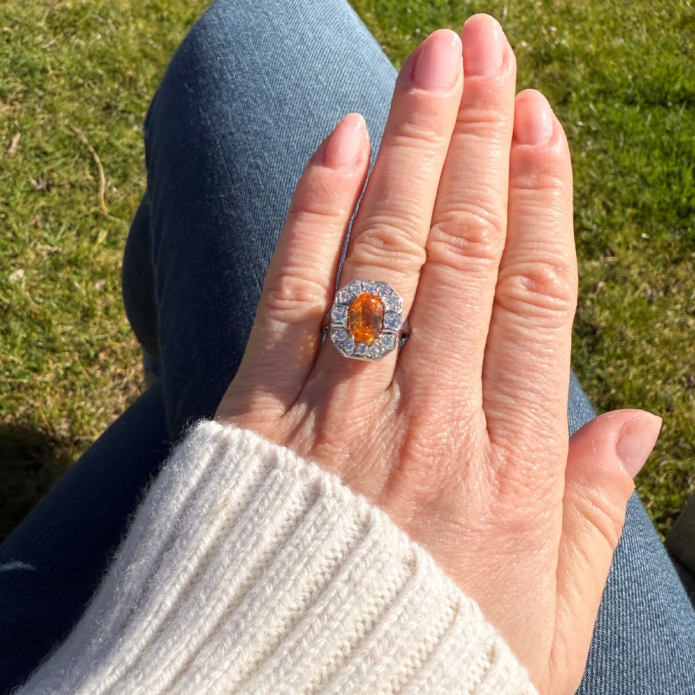 Mid Century 1.75 Carat Orange Sapphire & Diamond Cluster Ring, circa 1960 View VII