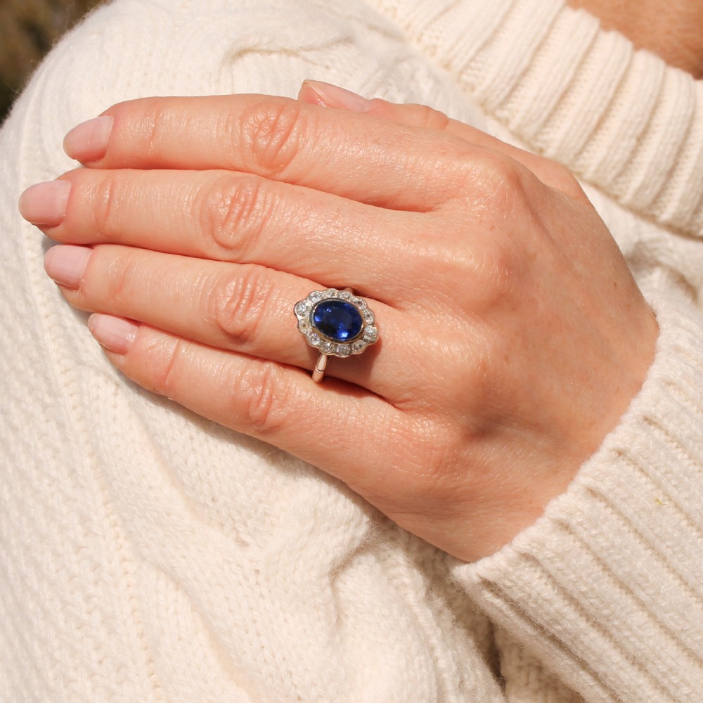 Mid Century 2.30 Carat Burmese Sapphire & Diamond Cluster Ring, circa 1950 View II