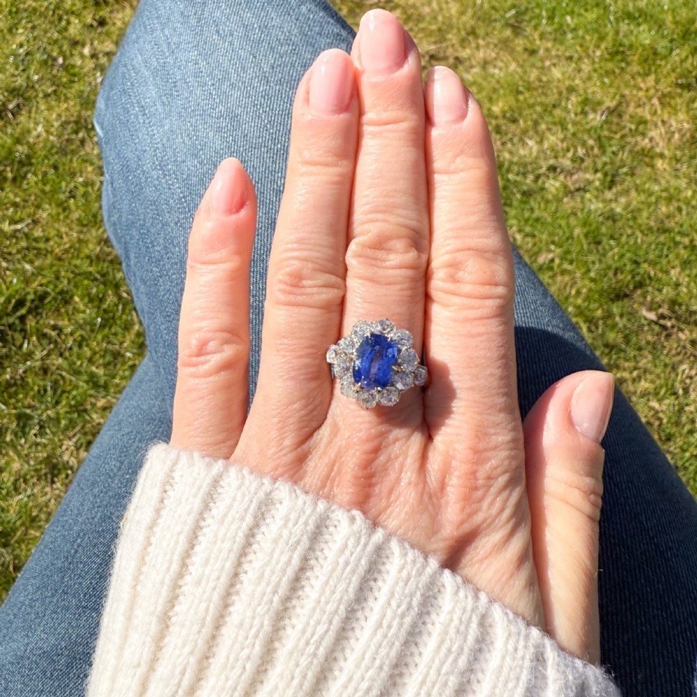 Art Deco 4.49 Carat Sapphire & 2.76 Carat Old Cut Diamond Ring, circa 1935 View VI