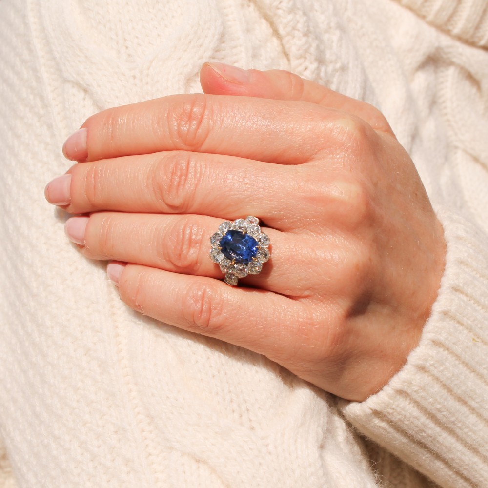 Art Deco 4.49 Carat Sapphire & 2.76 Carat Old Cut Diamond Ring, circa 1935 View VII