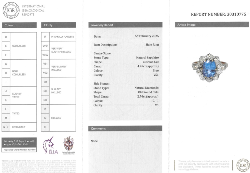 Art Deco 4.49 Carat Sapphire & 2.76 Carat Old Cut Diamond Ring, circa 1935 View VIII