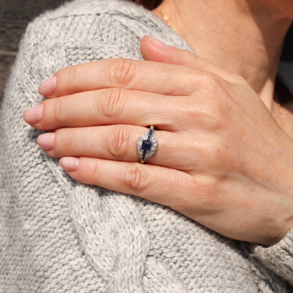 Art Deco Step Cut Sapphire & Diamond Ring, circa 1920 View II