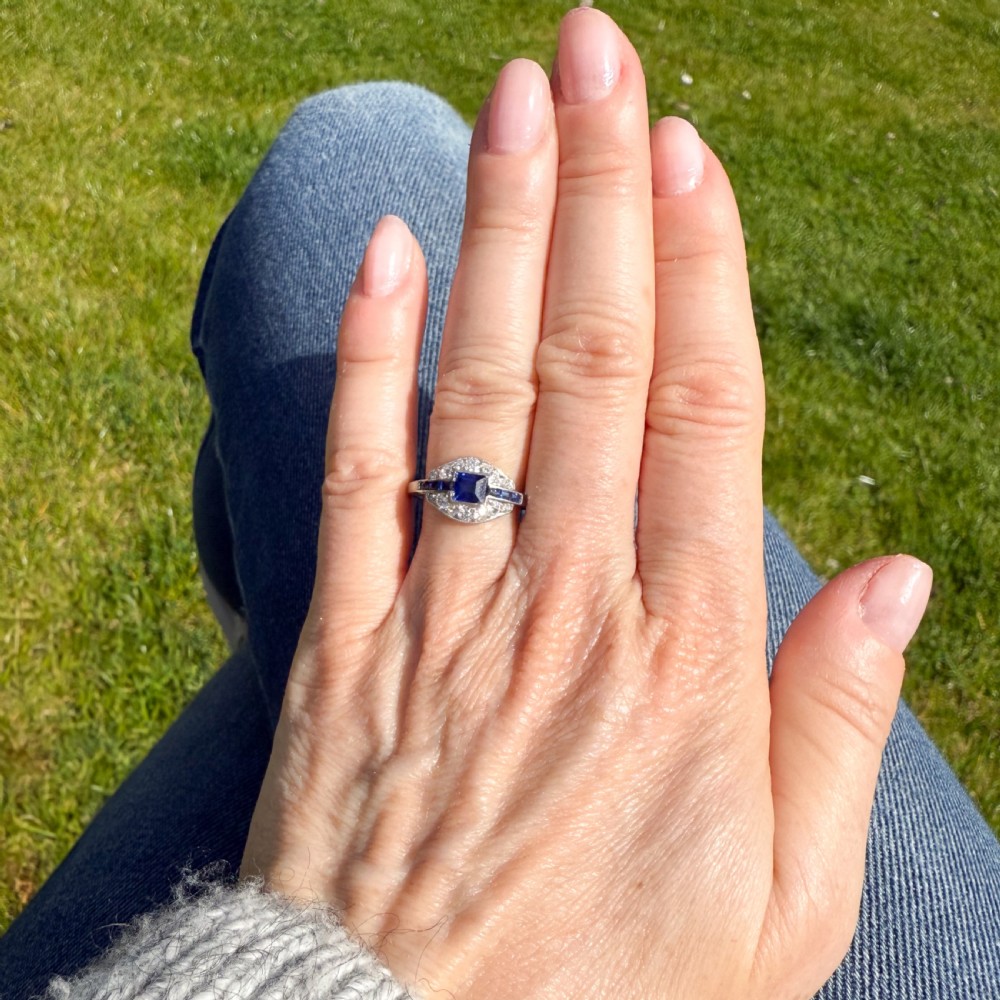 Art Deco Step Cut Sapphire & Diamond Ring, circa 1920 View VI