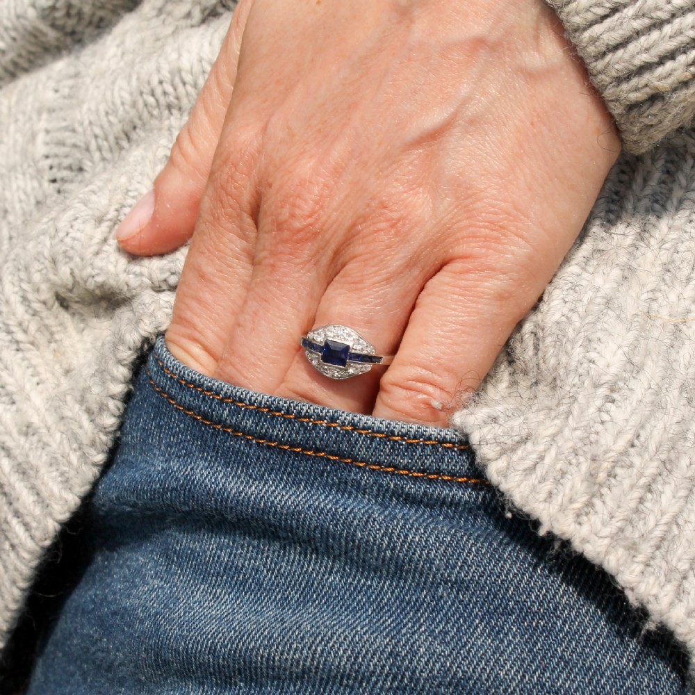 Art Deco Step Cut Sapphire & Diamond Ring, circa 1920 View VII