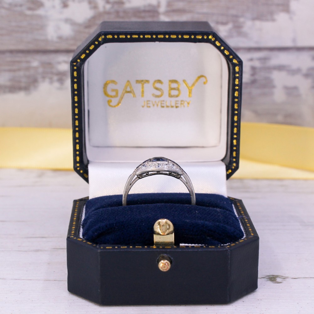 Art Deco Step Cut Sapphire & Diamond Ring, circa 1920 View VIII