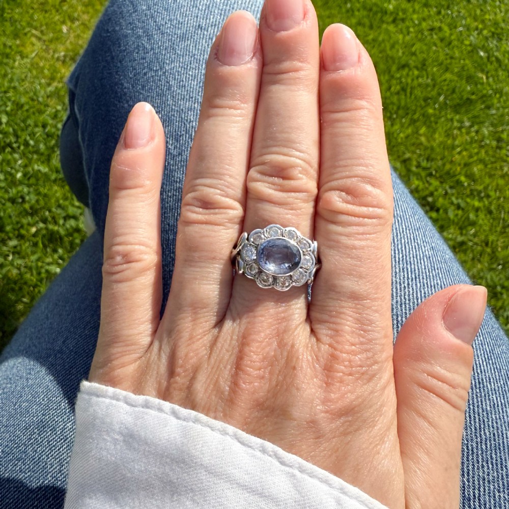 Mid Century 2.50 Carat Unheated Ceylon Sapphire & Diamond Cluster Ring, circa 1965 View VI