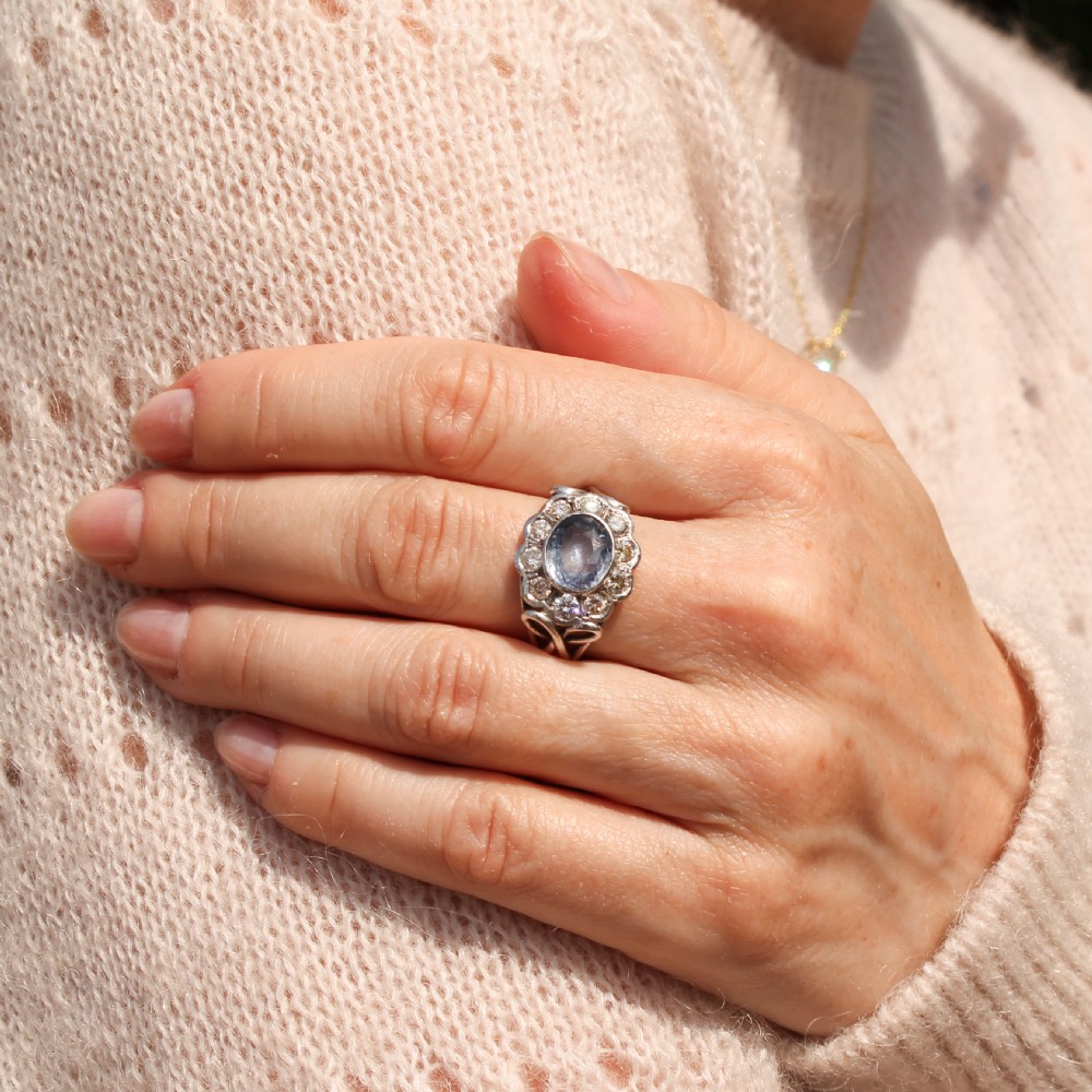 Mid Century 2.50 Carat Unheated Ceylon Sapphire & Diamond Cluster Ring, circa 1965 View VII