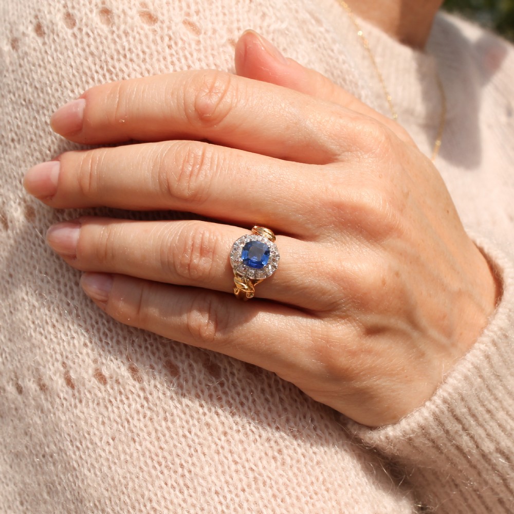 Mid Century 1.35 Carat Sapphire & 0.90 Carat Old Cut Diamond Ring, circa 1950 View II