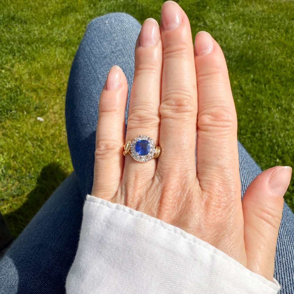 Mid Century 1.35 Carat Sapphire & 0.90 Carat Old Cut Diamond Ring, circa 1950 View VI