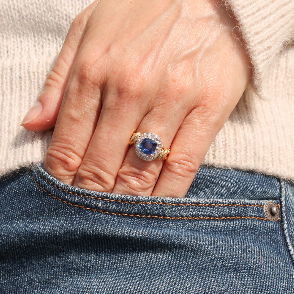 Mid Century 1.35 Carat Sapphire & 0.90 Carat Old Cut Diamond Ring, circa 1950 View VII