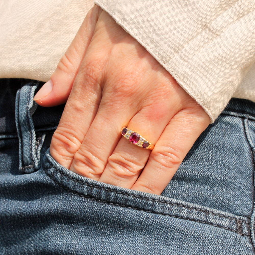 Victorian 0.91 Carat Ruby Three Stone Ring, circa 1900 View II