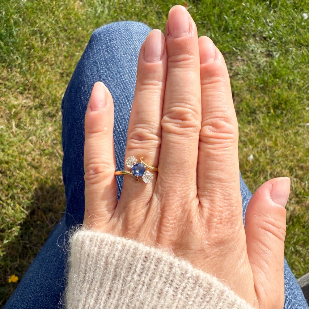Antique 0.70 Carat Sapphire & 1.00 Carat Old Cut Diamond Trilogy Ring, circa 1905 View VI