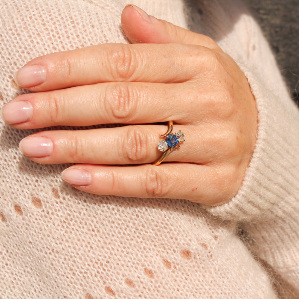 Antique 0.70 Carat Sapphire & 1.00 Carat Old Cut Diamond Trilogy Ring, circa 1905 View VII