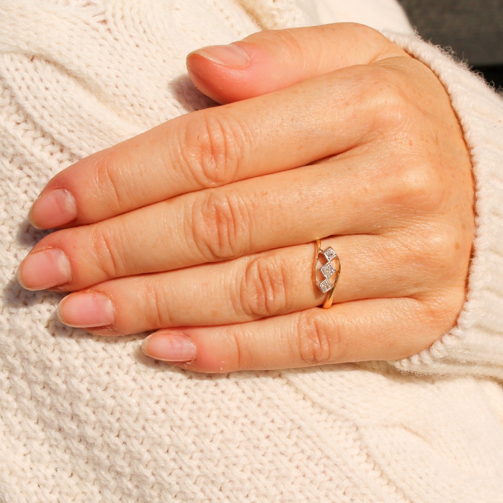 Art Deco 0.07 Carat Old Cut Diamond Three Stone Ring, circa 1935 View II