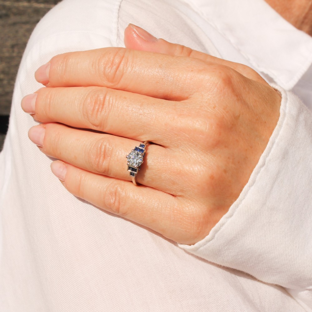 0.87 Carat Old Cut Diamond & Sapphire Engagement Ring, Platinum View VI