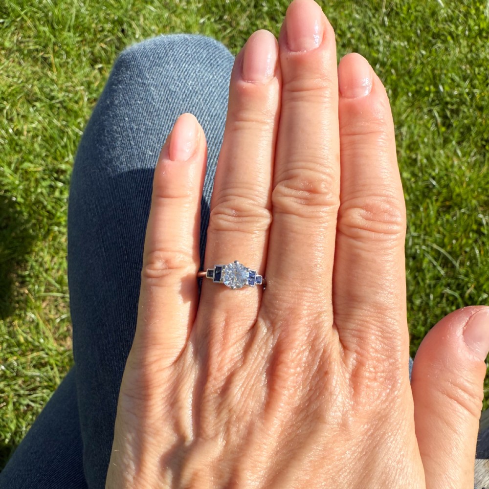 0.87 Carat Old Cut Diamond & Sapphire Engagement Ring, Platinum View VII