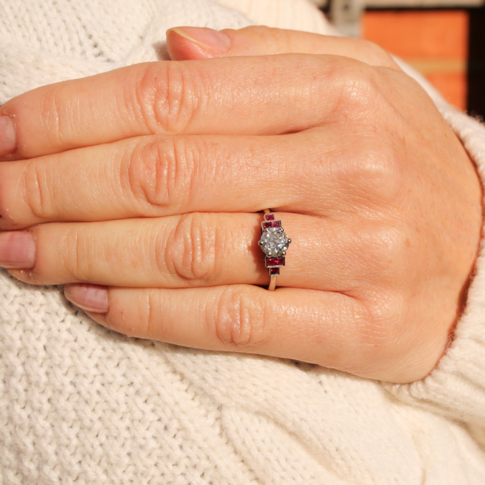 0.82 Carat Transitional Cut Diamond & Ruby Engagement Ring, Platinum View VII