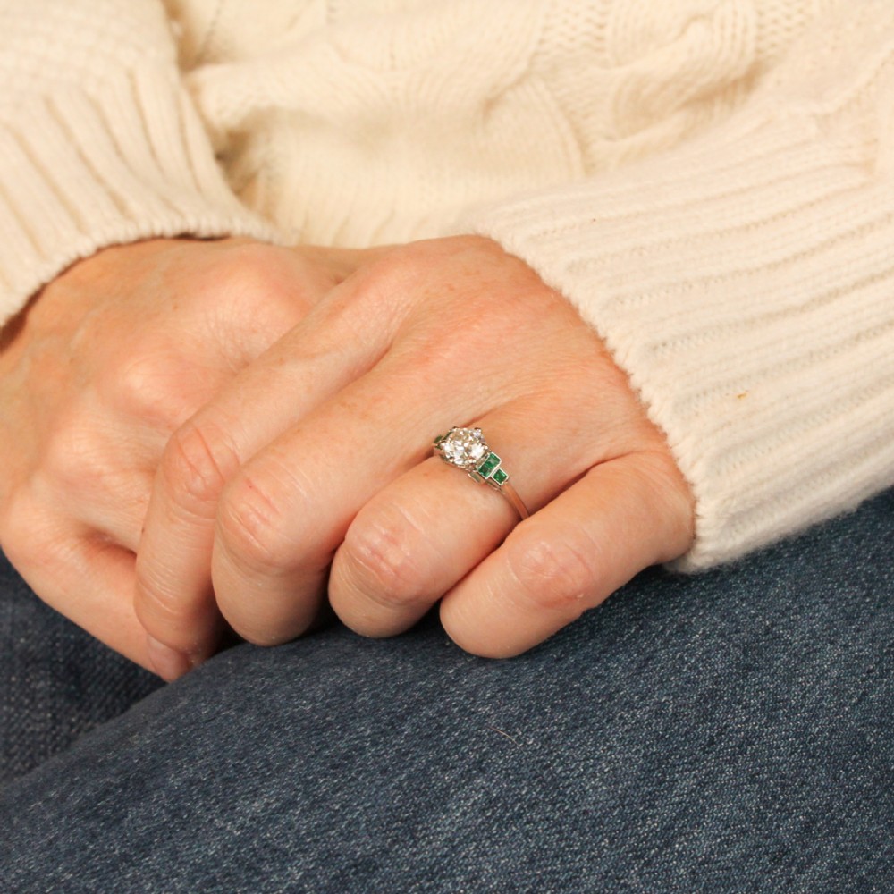 0.89 Carat Old Cut Diamond & Emerald Engagement Ring, Platinum View VII