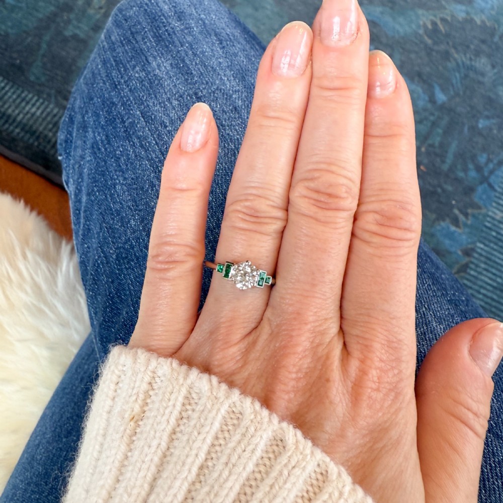 0.89 Carat Old Cut Diamond & Emerald Engagement Ring, Platinum View VIII