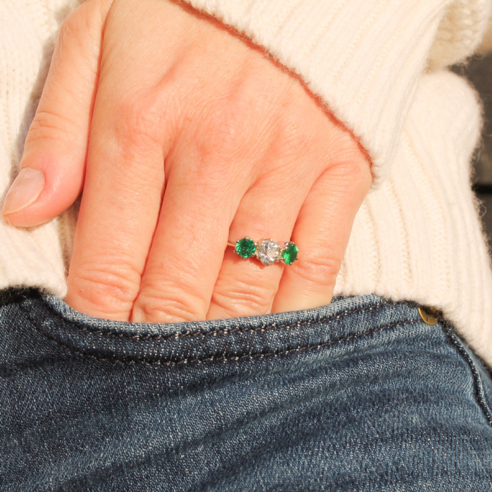 Vintage 0.70 Carat Diamond & 0.74 Carat Emerald Trilogy Ring, circa 1930 View II