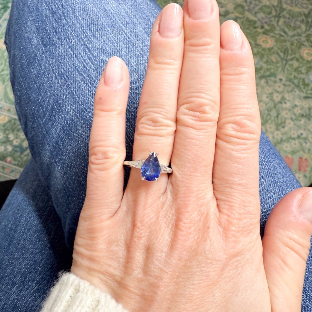 Vintage 2.30 Carat Pear Cut Sapphire Solitaire Ring, circa 1955 View VI