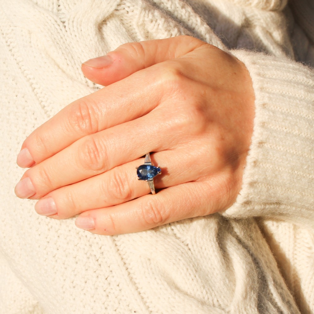 Vintage 2.30 Carat Pear Cut Sapphire Solitaire Ring, circa 1955 View VII