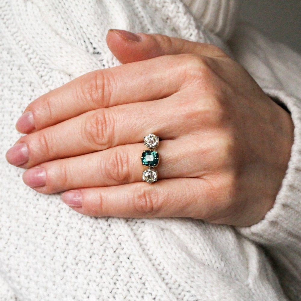 Vintage 2.05 Carat Teal Sapphire & Old Cut Diamond Three Stone Ring, circa 1950 View II