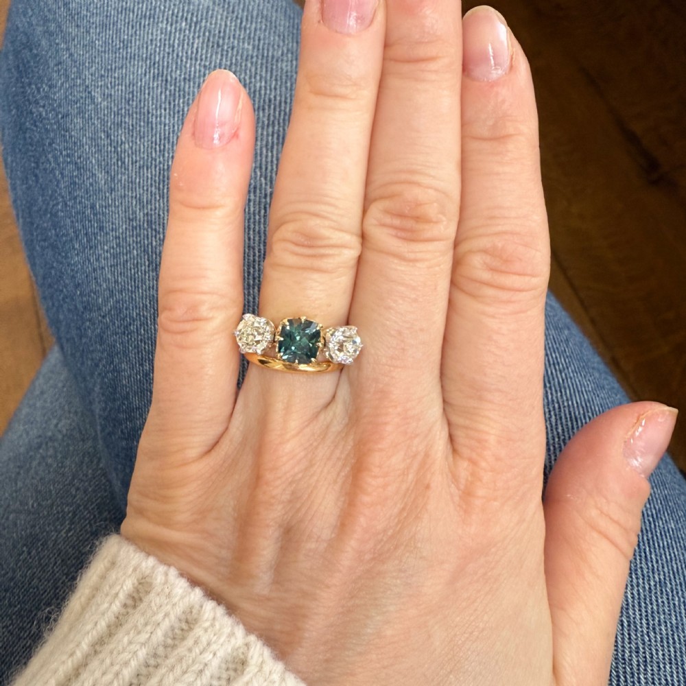 Vintage 2.05 Carat Teal Sapphire & Old Cut Diamond Three Stone Ring, circa 1950 View VI