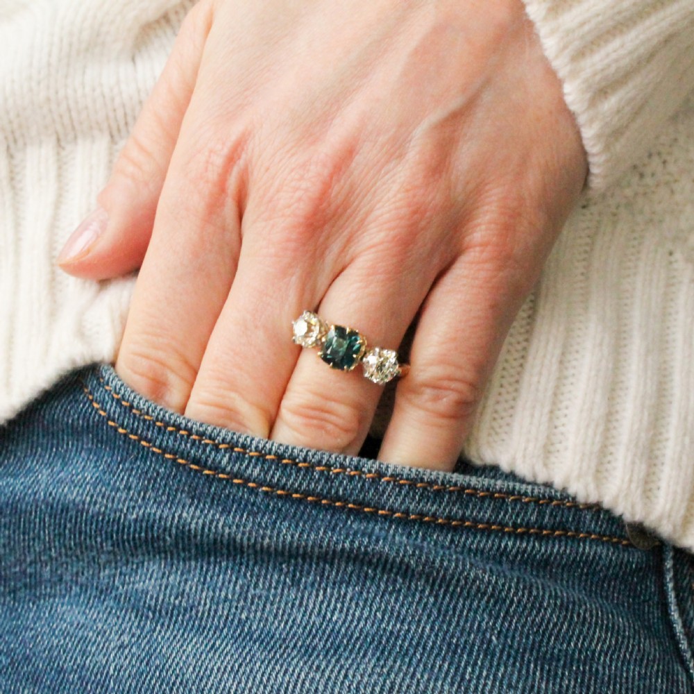 Vintage 2.05 Carat Teal Sapphire & Old Cut Diamond Three Stone Ring, circa 1950 View VII