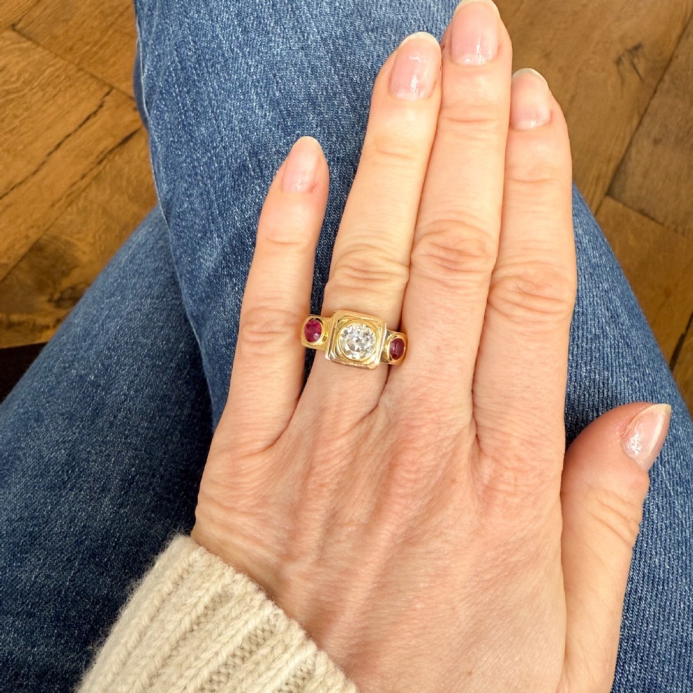 Vintage 1.27 Old Cut Diamond & Ruby Three Stone Ring, circa 1930 View VI